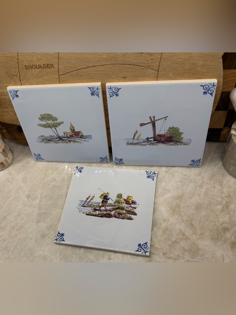 Vintage Dutch Makkum Delft handpainted tiles set of 3